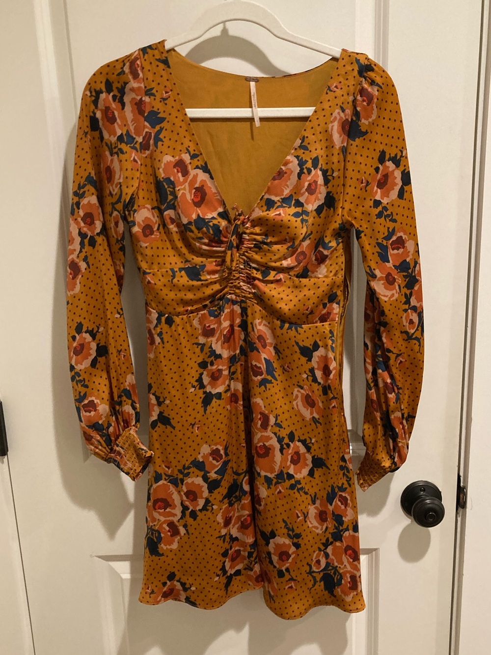 Free People - Mustard Floral Long-Sleeve V-Neck Mini Dress - Size 2